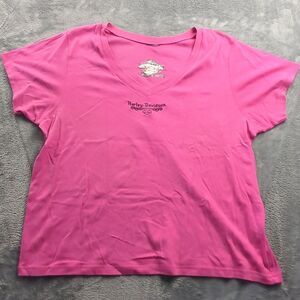 Vintage Womens Harley Davidson V-Neck T-Shirt Pink Curly's Winston Salem NC 2XL?